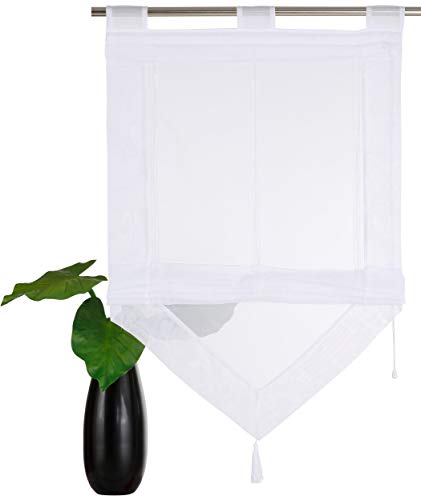 Devola Voile transparent Scheibengardinen mit zweifarbigen Design mit Quaste Fenster Gardinen Panneaux mit Tunnelzug Gardine HxB 140x140cm Weiß 1er Pack von Devola