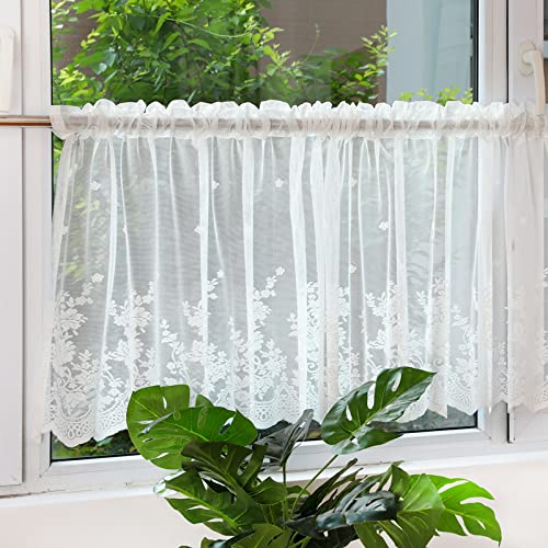 Devola Vorhang im amerikanischen Landhausstil transparent Blumenmuster Garn Bistrogardine Cafe Scheibengardine Küche Gardine Dekoration Vorhänge HxB 120x150cm Weiß 1er Pack von Devola