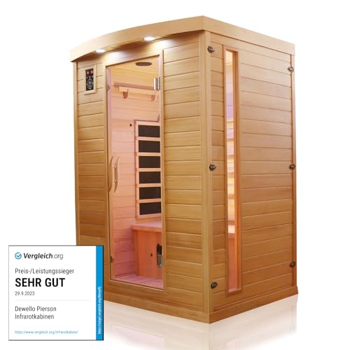 Dewello® Infrarotkabine Infrarotsauna Pierson 135cm x 105cm 1-2 Personen aus Hemlock Holz mit Vollspektrumstrahler, Bodenstrahler, LED-Farblicht, Bluetooth, FM,MP3,USB von Dewello