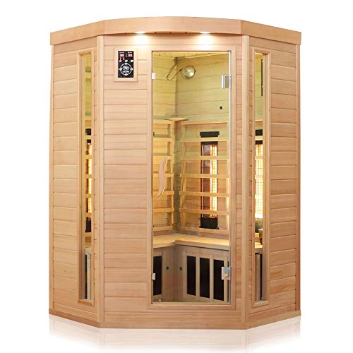 Dewello® Infrarotkabine Infrarotsauna LAKEFIELD 3 140cm x 140cm für 2-3 Personen aus Hemlock Holz mit Vollspektrumstrahler, LED-Farblicht, Bluetooth, FM,MP3,USB von Dewello