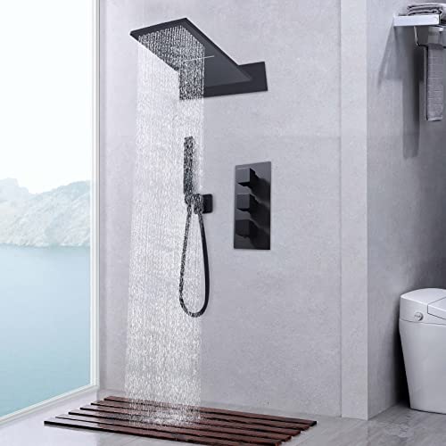 Unterputz Duschsystem, Duscharmatur Set, Thermostat-Brausesystem Regendusche Duschset mit Kopfbrause Handbrause für Badewannen, Schwarz von DiLiBee