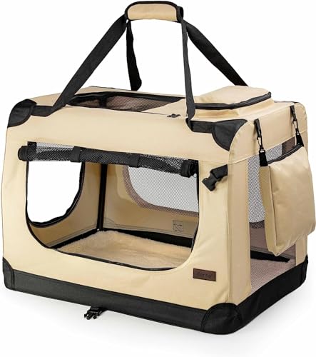 lionto Hundetransportbox faltbar für Reise & Auto, 101x69x70 cm, stabile Transportbox mit Tragegriffen & Decke für Katzen & Hunde bis 25 kg, robuste Hundebox aus Stoff für klein & groß, beige von lionto