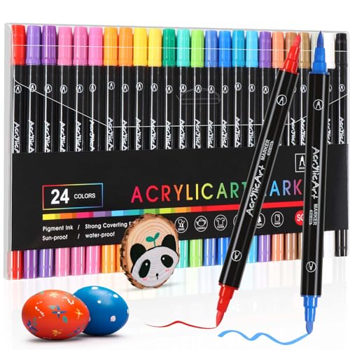 Diboniur 24 Farben Acrylstifte, Filzstifte Set Dual Brush Pen für Erwachsene, Acrylstifte Wasserfest Textilstifte, für Textil, Steine, Holz, Papier, Keramik, DIY von Diboniur