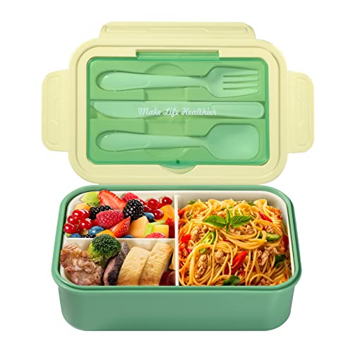 Diboniur Brotdose, Lunchbox mit Fächern Besteck Kinder Erwachsene 1400ML Bento Box Arbeit Mikrowellengeeignet Schule Büro (Grün) von Diboniur