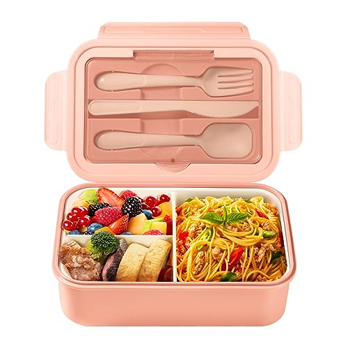 Diboniur Brotdose, Lunchbox mit Fächern Besteck Kinder Erwachsene 1400ML Bento Box Arbeit Mikrowellengeeignet Schule Büro (Rosa) von Diboniur