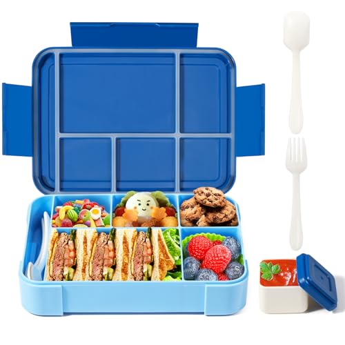Diboniur Brotdose Kinder mit Fächern, 1330ml Lunchbox mit Besteck Auslaufsichere Bento Box Vesperbox, für Kindergarten, Schule, Arbeit, Picknick (Blau) von Diboniur