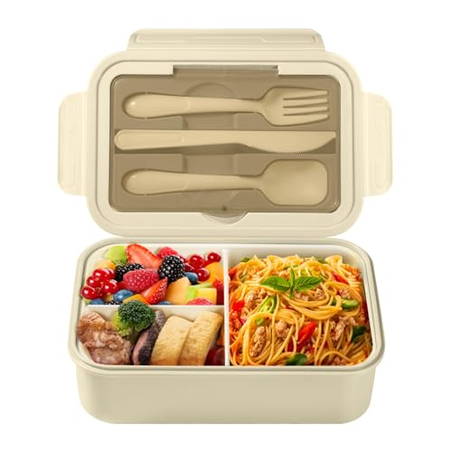 Diboniur Brotdose Lunchbox mit Fächern Besteck Kinder Erwachsene 1400ML Bento Box Arbeit Mikrowellengeeignet (Khaki) von Diboniur