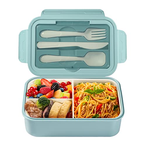 Diboniur Lunchbox Brotdose mit Besteck Erwachsene Kinder 1400ML Bento Box mit Fächern Arbeit Mikrowellengeeignet (Blau) von Diboniur