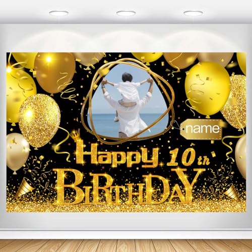 Dicodes Benutzerdefiniertes Schwarzgold-Theme 10. Geburtstag Banner für Party Happy Birthday Hintergrund Dekoration personalisiert mit Name und Foto(10.Geburtstag) von Dicodes