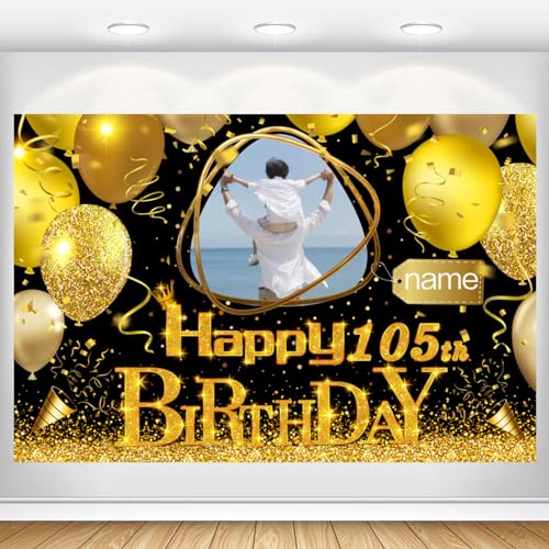 Dicodes Benutzerdefiniertes Schwarzgold-Theme 105. Geburtstag Banner für Party Happy Birthday Hintergrund Dekoration personalisiert mit Name und Foto(105.Geburtstag) von Dicodes
