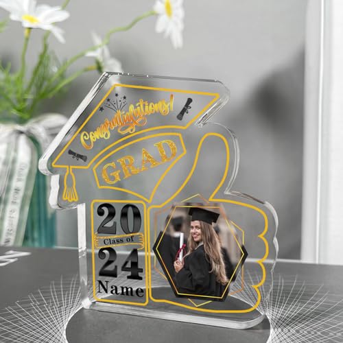 Discodes Personalisierte Graduation Geschenk Acryl Plakette 2024 Dekorative Zeichen Plaketten Abschied Gedenkgeschenk mit Foto für Frauen Männer Kollege Freunde(Gold und Schwarz) von Dicodes