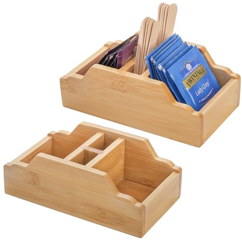 Dicunoy 2 kleine Zuckerpackungen, Bambus-Teebeutelorganizer, 4 Fächer, Tisch-Organizer für Honigstäbchen, Rührstäbchen, Süßstoff, Kaffee-Rührer, Kirche, Küche, Arbeitsplatte, (Sugar Packet Holder) von Dicunoy