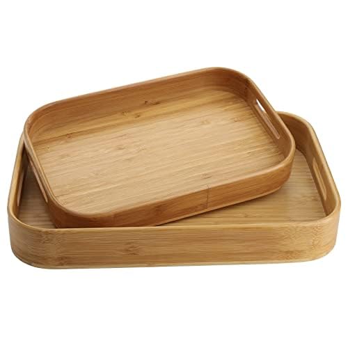 Dicunoy 2er Set Bambus Serviertablett,Massivholz Frühstückstablett mit Griffen,Große Bambus Essen Tablett Ideal für Abendessen, Tee, Kaffee, Bar, Partys (40 x 28 x 5 cm,33 x 22 x 4 cm) von Dicunoy