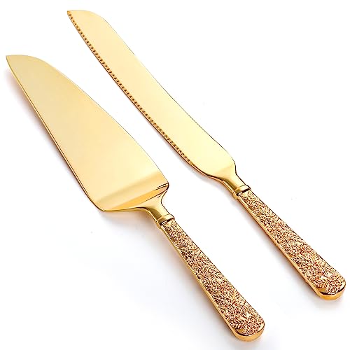 Dicunoy Gold Tortenheber, Hochzeits Tortenmesser und Server Set,Gold-Kuchen-Servierset, Vintage gravierter Tortenschneider und Servierspatel für Geburtstag, Party, Jubiläum von Dicunoy