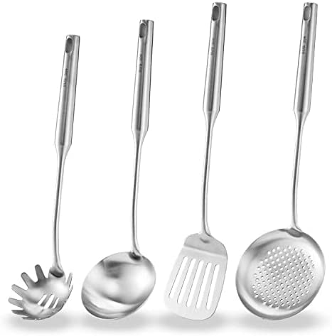 Dicunoy Küchenhelfer 4-teilig, 304 Edelstahl Kochutensilien,Pfannenwender und Schöpfkelle, Skimmer-Schöpflöffel-Werkzeug-Set, Wok-Utensilien-Set, Suppenschöpfer, Nudelserver für Küche von Dicunoy