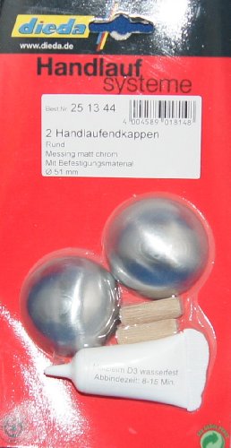 Geländersysteme 2 Handlaufendkappen 51mm Durchmesser Messing matt chrom mit Besfestigungsmatierla 251344 von Dieda