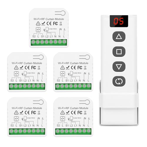 DieseRC 5-teiliges kabelloses Smart-Rollladen-Steuerungsmodul mit 1-teiliger RF-Fernbedienung, WIFI-Steuerung, kompatibel mit Google Home/Alexa APP-Steuerung und manuellem Schalter von DieseRC