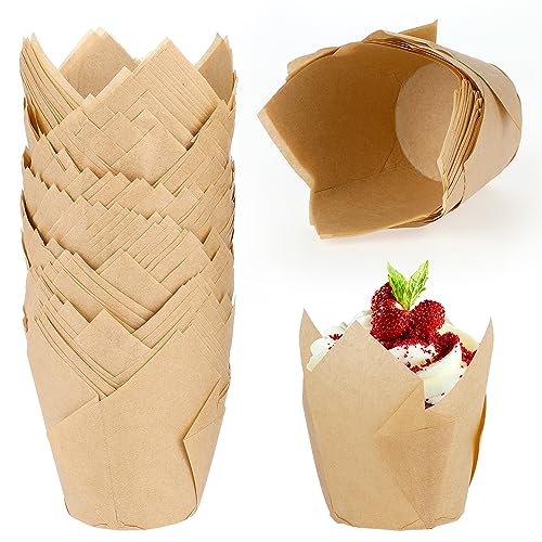 Dimeho 100 Stück Tulpen Muffinförmchen Papier Formen Tulpen Cupcake Einlagen Muffins Backförmchen Einweg Backbecher Fettdicht für Backen Muffins Geburtstag Hochzeit Party Familientreffen (Holzfarbe) von Dimeho