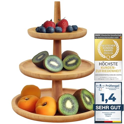 Dimono® Bambus-Etagere Premium Servier-Ständer 3-Etagen; Servier-Tablett für Desserts, Kuchen, Käse, Wurst, Kekse, Nüsse, Süßigkeiten Candy-Bar 3-stöckig (Bambus) von Dimono