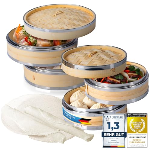 Dimono® Dampfgarer Bambus mit Edelstahl, 2 Etagen Bambus-Dämpfer mit Deckel, Bambus Dämpfaufsatz und Dampfkorb Reiskocher Bambusgarer für Sim Sum Dumplings, Gemüse, Reis, Fleisch und Fisch (2er Set) von Dimono