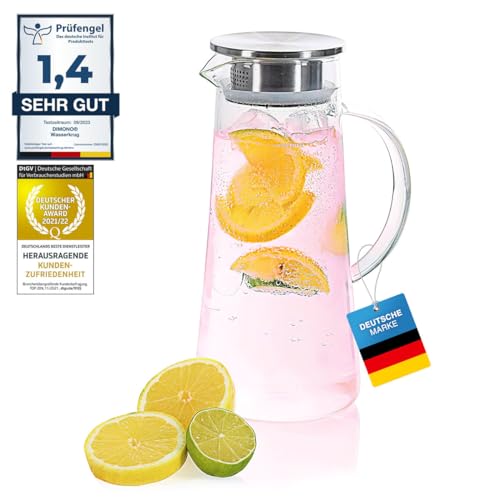 Wasserkrug Wasserkanne Krug 1,5 Liter, Glaskrug mit Filter und Deckel aus Edelstahl Getränkekaraffe für heißes u. kaltes Wasser Eistee Kaffee Milch Saft Glaskaraffe mit Griff von Dimono