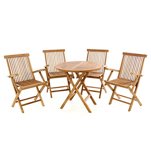 Divero Gartenmöbel-Set Terrassenmöbel-Garnitur Sitzgruppe Tisch Ø 80cm 5-TLG. 4X Holzstuhl mit Armlehnen klappbar – Teakholz massiv behandelt von Divero