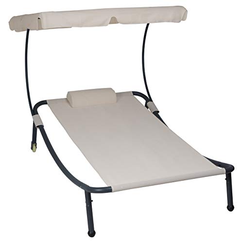 Divero Sonnenliege Sonnenbett beige 202 x 139 x 152 cm mit Sonnendach und Kopfkissen für eine Person Gartenliege mit Räder Stahlrahmen Mamry von Divero