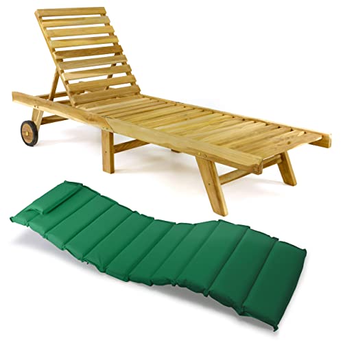 Divero Sonnenliege mit Auflage Set Relax-Liege Holzliege Gartenliege Teakholz Natur inkl. Räder, verstellbares Kopfteil, Auflage grün von Divero