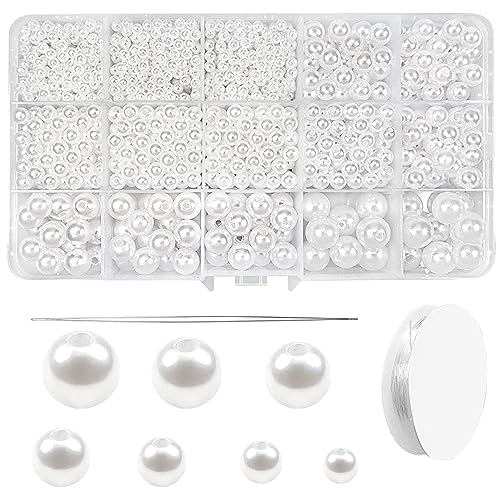 Perlen, 1400 Stück, Weiße Perlen, 4-12mm Runde Perle mit 1 Gewinde,1 Perlennadel, Lose Perlen für DIY Craft Halsketten Armbänder Ohrringe Ringe Schmuckherstellung, Dekoration und Vasenfüller(Weiße) von Divono