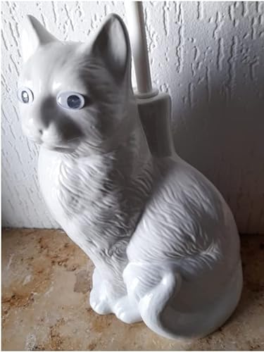 WC-Bürstengarnitur aus Keramik in Form einer Katze weiß mit Wackelaugen von Diwi Aktuell Annemarie Wiegand