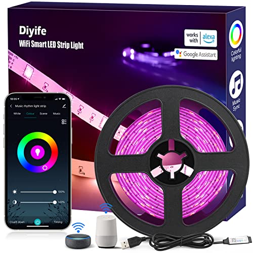 Diyife® WiFi LED Strip [App/Lautsprecher Steuerung], 3M RGB LED Streifen, 90 LED Schneidbar Lichtband mit Zeitfunktion, Musik & Stimme Sync zu TV, Party, Küche, Spielzimmer [Energieklasse A+++] von Diyife