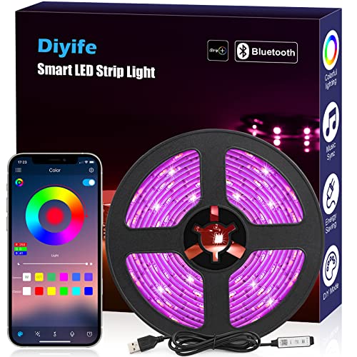 Diyife 5M LED Strip [App & Button Steuerung], RGB LED Streifen Bluetooth-Verbindung, USB-Schnittstelle Flexibel Lichterkette Band, Timer/Musik/Sprachsynchronisation Farbe Ändern DIY Computer, Autos von Diyife