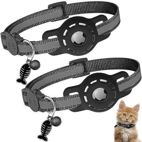 Diyife Airtag Katzenhalsband, [2er Pack] Reflektierend GPS Leichte Tracker Katzenhalsbänder mit Airtag Hülle, Schnellverschluss, Glöckchen, 20-33 cm Verstellbar für Katzen Kitten, Schwarz von Diyife