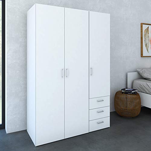 Dmora - Kleiderschrank mit drei Flügeltüren und drei Schubladen, Farbe Weiß, Maße 115 x 175 x 49 cm von Dmora