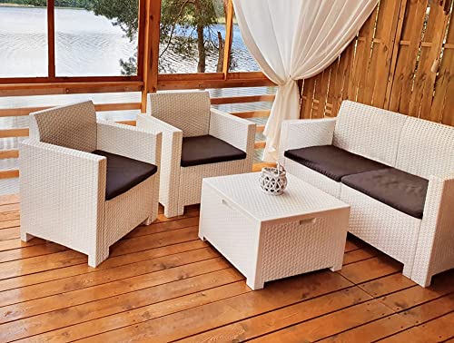 Dmora Lounge, Gartenmöbel-Set mit Kissen, für den Innen-und Außenbereich, Rattanoptik, 100% Made in Italy, Weiß von Dmora