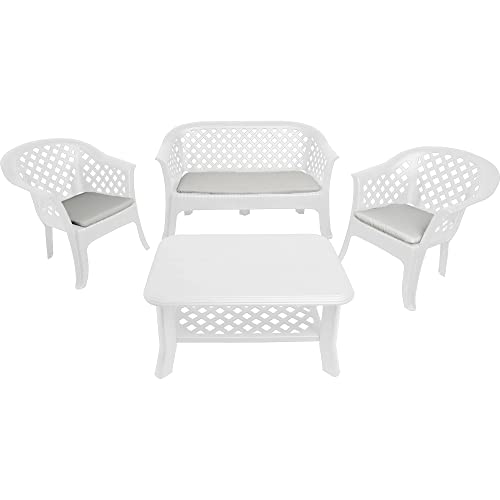 Dmora - Outdoor-Lounge-Set Brescia, Gartengarnitur mit 2 Sesseln, 1 Bank und 1 Couchtisch, Sitzecke für drinnen und draußen, 100 % Made in Italy, Weiß von Dmora