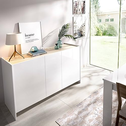 Dmora Sideboard Calino, Buffet, Moderne Anrichte für Wohnzimmer mit 3 Türen, 138 x 42 x 76 cm, Weiß und Eiche von Dmora