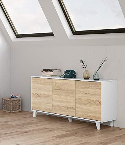 Dmora - Anrichte Arvada, Modernes Sideboard mit 3 Türen und Einlegeböden, Küchenbuffet, Wohnzimmer-Design-Buffet, 154x40h75 cm, Weiß und Eiche von Dmora