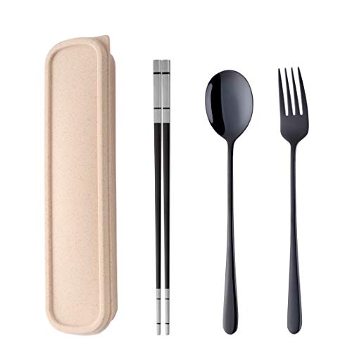 Do Buy® Tragbares Outdoor Reisebesteck set Schwarz Camping Besteck to go Picknick Schule Büro Lunch Geschirr für 1 person Edelstahl Essstäbchen Lange Tafelgabeln Suppenlöffel Weizenstroh Geschenkbox von SBOMHS