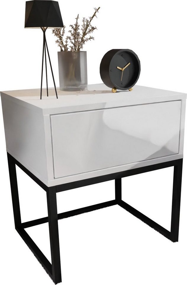 Domando Nachttisch Nachttisch Corvara, Breite 45cm, schwarzes Metallgestell, Push-to-open-System von Domando