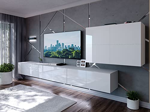 Domando Wohnwand Imperia M6 Modern für Wohnzimmer Breite 350cm, variabel hängbar, Push-to-Open-System, Hochglanz in Weiß Matt und Weiß Hochglanz von Domando