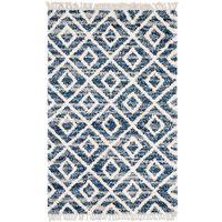 Muster Teppich geometrisch in Blau und Cremefarben Shaggy Hochflor von Doncosmo