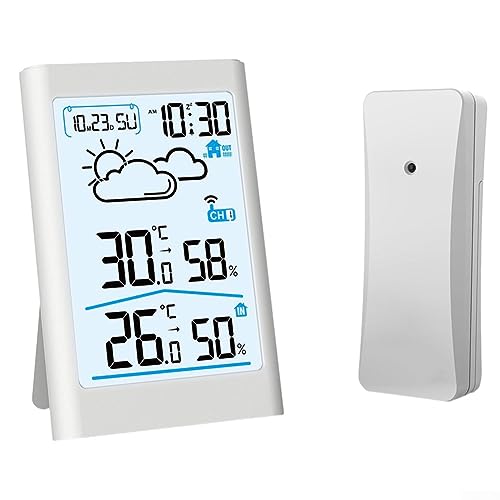 Donkivvy Funk Wetterstation mit Außensensor, Innen und Außentemperatur, Temperaturstation mit Wettervorhersage, inkl Funkuhr, Luftfeuchte, zum Stellen/Hängen White von Donkivvy