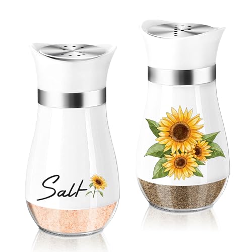 Dorblely Salz und Pfefferstreuer Set, 120ml Glasboden Salzstreuer Klein, Pfefferstreuer, Gewürzstreuer mit Edelstahl Deckel, für Küche, BBQ, Wohnmobil Nachzufüllen und zu Verwenden - Weiß Sonnenblume von Dorblely