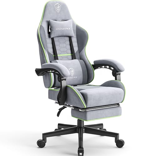 Dowinx Bürostuhl Tasche Frühling Kissen, Massage Gaming Stuhl Stoff mit Kopfstütze, Ergonomische Gaming Stuhl mit Fußstütze (grau&grün) von Dowinx