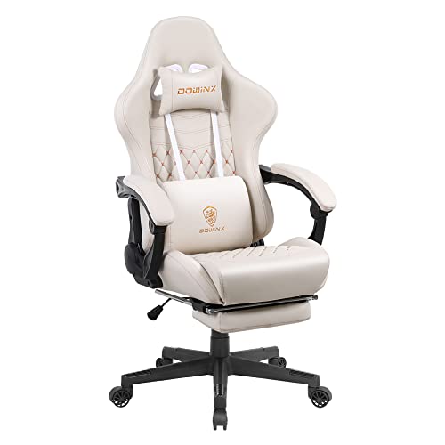 Dowinx Gaming Stuhl Bürostuhl Ergonomischer PC-Stuhl mit Massage Lendenwirbelstütze, Racing Stil PU Leder Hohe Rückenlehne Verstellbarer Drehsessel mit Fußstütze (Elfenbein weiß) von Dowinx