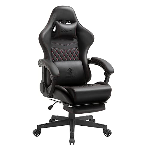Dowinx Gaming Stuhl Bürostuhl Ergonomischer PC-Stuhl mit Massage Lendenwirbelstütze, Racing Stil PU Leder Hohe Rückenlehne Verstellbarer Drehsessel mit Fußstütze (Schwarz & Rot) von Dowinx