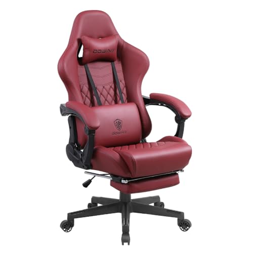 Dowinx Gaming Stuhl Bürostuhl Ergonomischer PC-Stuhl mit Massage Lendenwirbelstütze, Racing Stil PU Leder Hohe Rückenlehne Verstellbarer Drehsessel mit Fußstütze (Weihnachtsrot) von Dowinx