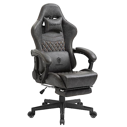 Dowinx Gaming Stuhl Bürostuhl Ergonomischer PC-Stuhl mit Massage Lendenwirbelstütze, Vorteil Stil PU Leder Hohe Rückenlehne Verstellbarer Drehsessel mit Fußstütze (Grau) von Dowinx