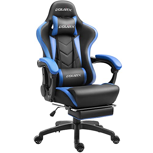 Dowinx Gaming Stuhl Ergonomischer Gamer Stuhl mit Lendenwirbelstütze, PC Bürostuhl Rückenlehne Verstellbarer Drehsessel mit Fußstütze (Schwarz&Blau von Dowinx